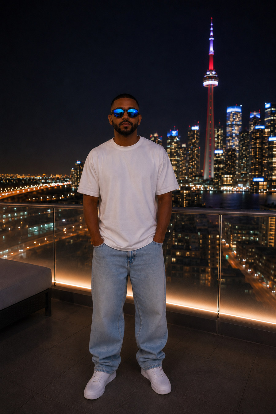 Official rooftop portrait of Tu Ez with the Toronto skyline at night